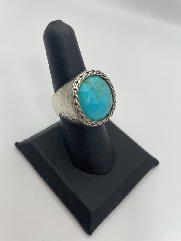 John Hardy Pauli Silver + Turquoise Hammered Signet Ring